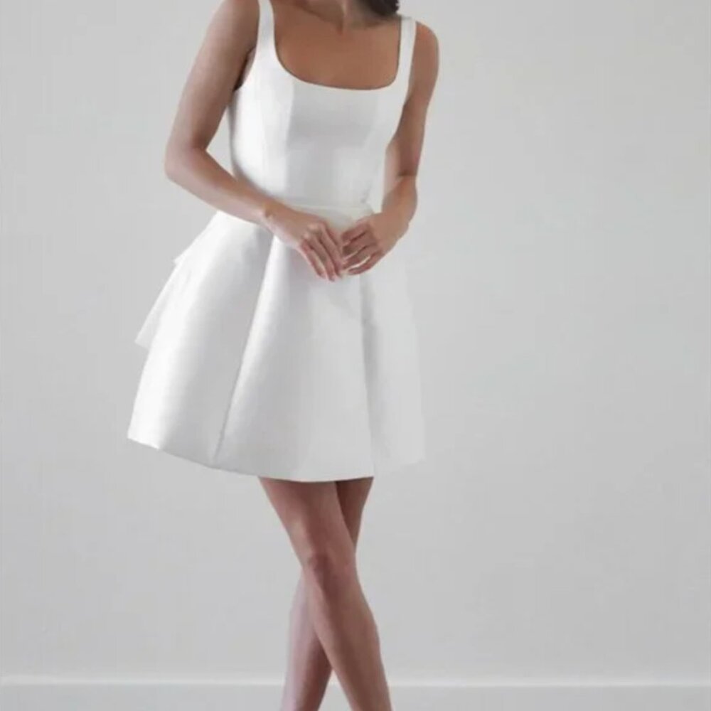 Satin Square Neckline Backless Cinched Waist Mini Dress w/Detachable Bow, NWT, M